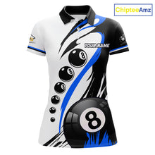 Load image into Gallery viewer, Personalized blue 8 ball and 9 ball custom billiard polo shirt for women, billiard team jersey.