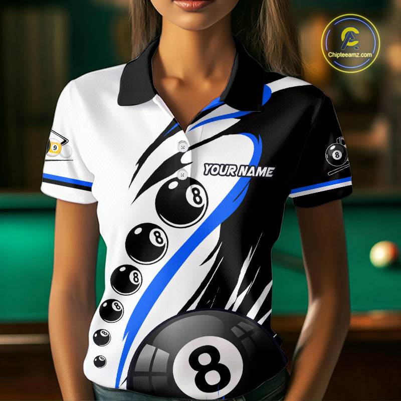 Woman wearing a blue 8 ball and 9 ball billiard jersey front view.