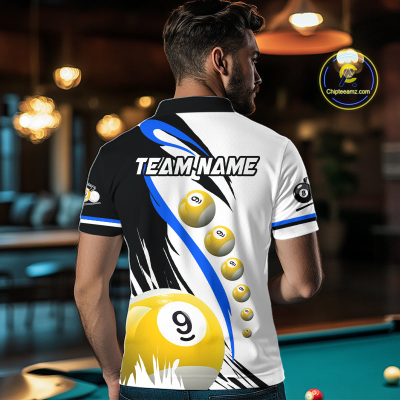 Back view of man wearing a blue 8 ball and 9 ball pool jersey.