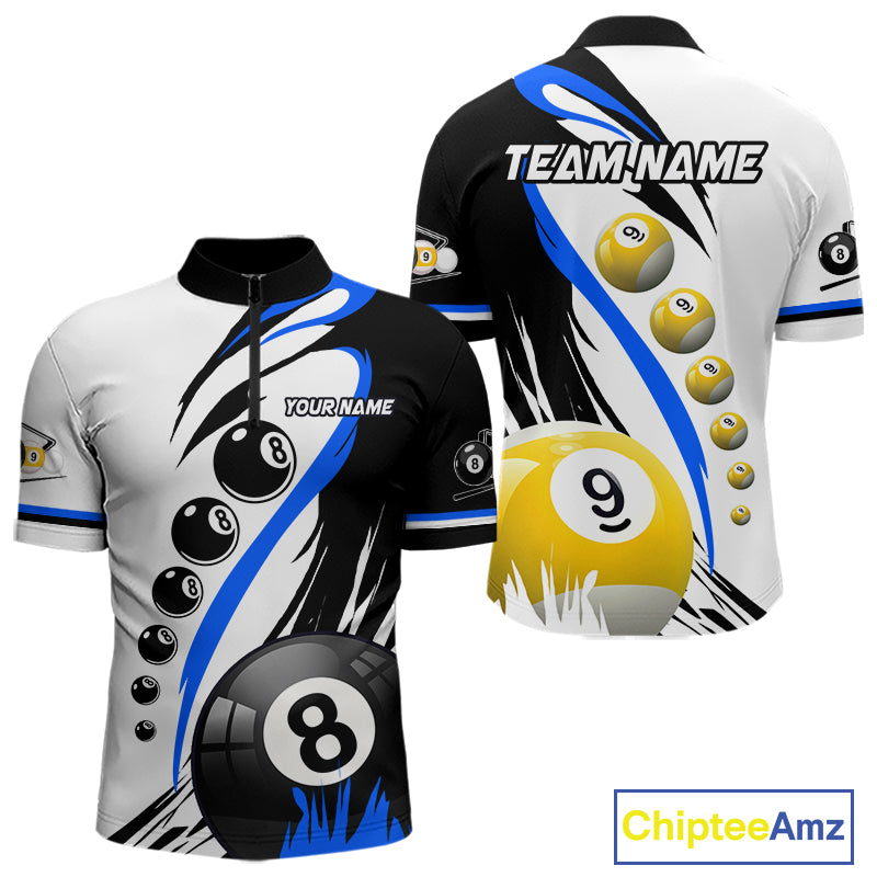 Blue 8 ball and 9 ball quarter zip billiard shirt for men, custom pool team jersey.