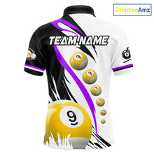 Load image into Gallery viewer, Purple 8 ball and 9 ball pool team polo shirt for men with custom billiard graphics.