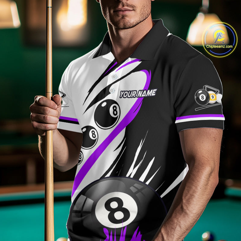 Man wearing a purple 8 ball and 9 ball billiard jersey front view.
