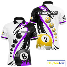 Load image into Gallery viewer, Personalized purple 8 ball and 9 ball custom billiard polo shirt for men, billiard team jersey.