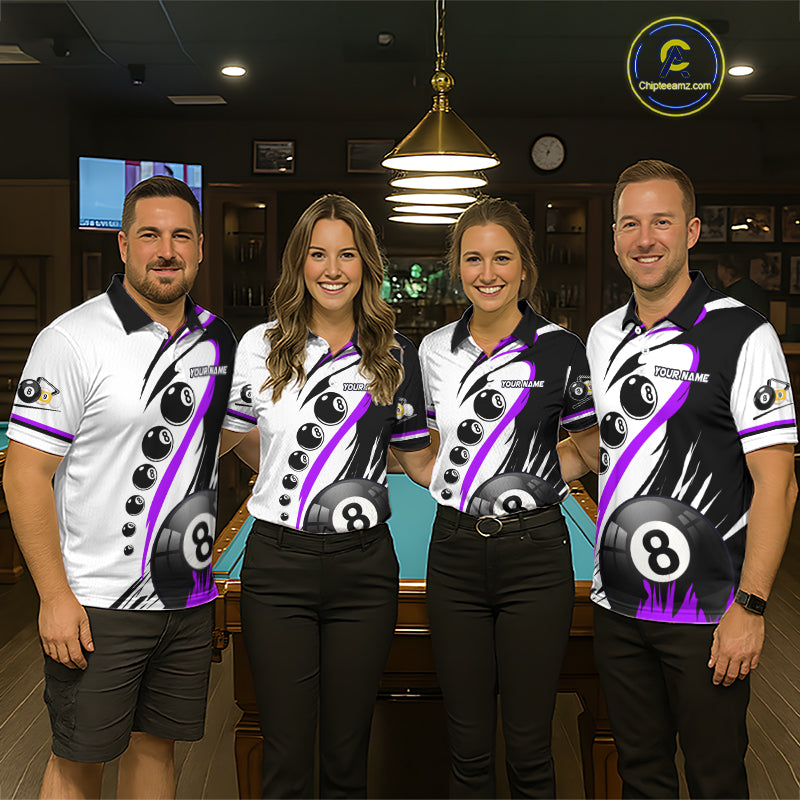 Pool team wearing matching purple 8 ball and 9 ball billiard jerseys front view.