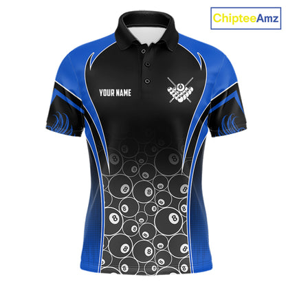 Personalized Black and Blue 8 Ball Wings Billiard Polo Shirt for Men Featuring Striking Winged 8 Ball Artwork for Pool League Players, Team Competition, and Tournament Events