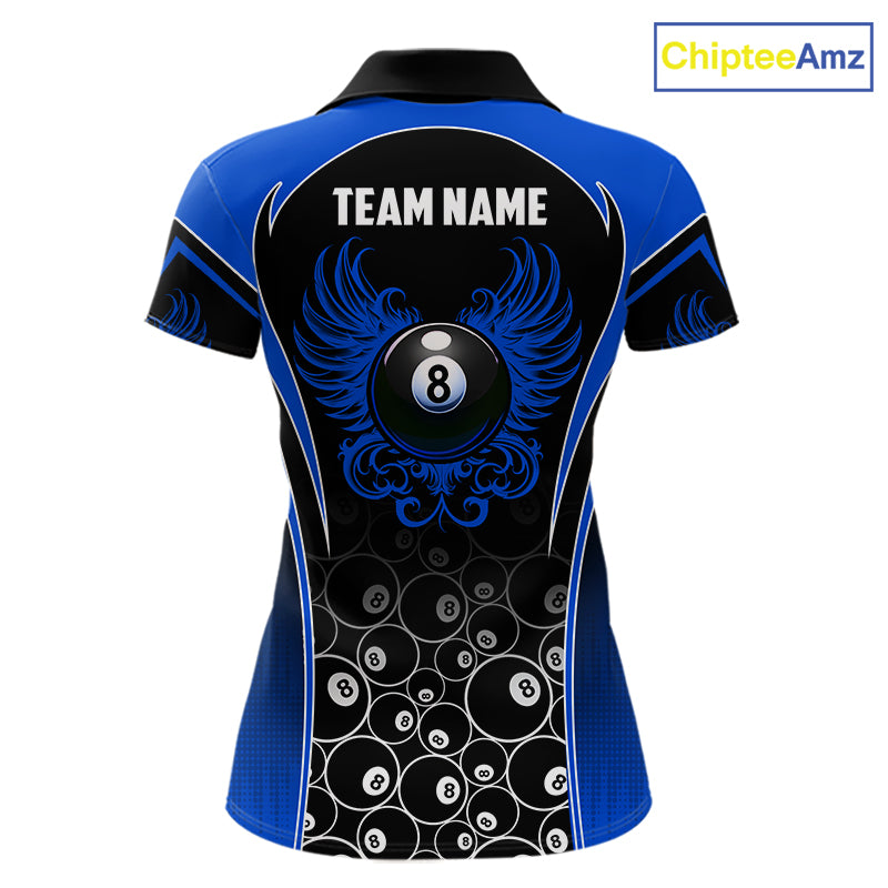 Custom Black and Blue 8 Ball Wings Pool Polo Shirt for Women Designed for Personalized Billiard Team Jerseys with Premium Athletic Performance, Modern Wing Graphics, and Professional League Style