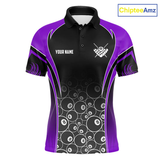 Personalized Black and Purple 8 Ball Wings Billiard Polo Shirt for Men Featuring Bold Winged 8 Ball Artwork for Pool League Players, Team Competition, and Tournament Events
