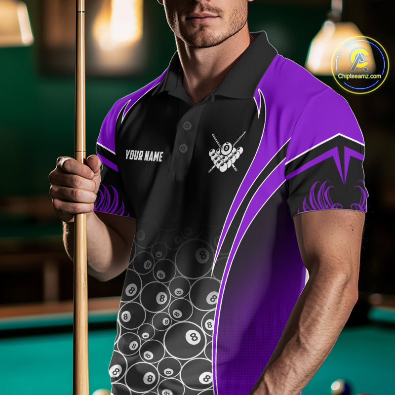 Man Wearing Personalized Black and Purple 8 Ball Wings Billiard Polo Shirt with Athletic Performance Fit and Bold Winged 8 Ball Graphic Artwork, Front View