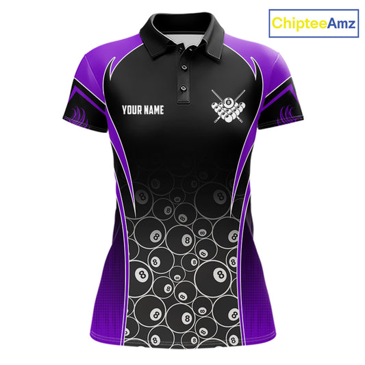 Personalized Black and Purple 8 Ball Wings Billiard Polo Shirt for Women Featuring Bold Winged 8 Ball Artwork for Pool League Players, Team Competition, and Tournament Events