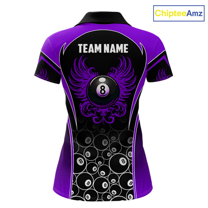 Custom Black and Purple 8 Ball Wings Pool Polo Shirt for Women Designed for Personalized Billiard Team Jerseys with Premium Athletic Performance, Dynamic Wing Graphics, and League Ready Style
