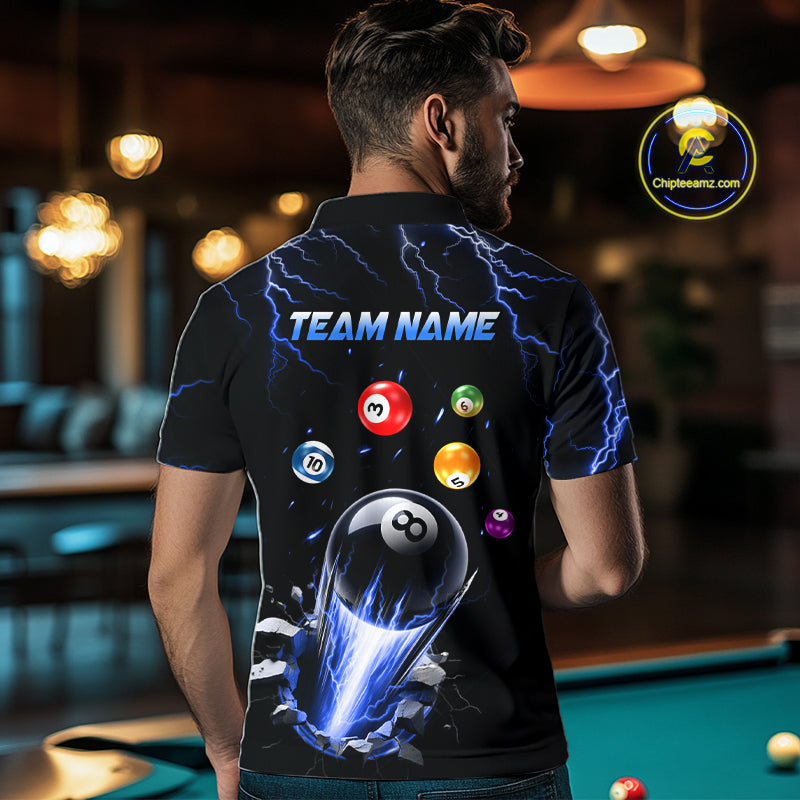 Man Wearing Personalized Blue Lightning Strike 8 Ball Pool Billiard League Team Jersey Featuring the Complete Rear Graphic Design, Back View