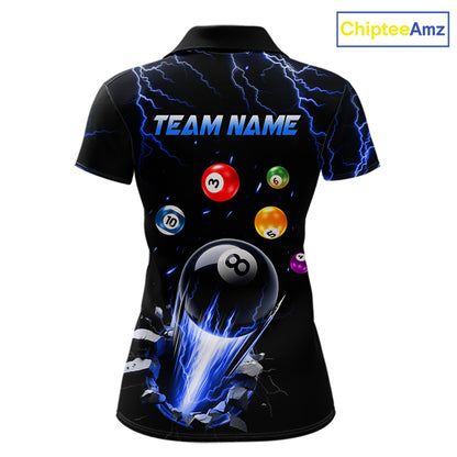 Custom Blue Lightning Strike 8 Ball Pool Polo Shirt for Women Designed for Personalized Billiard League Team Jerseys with Premium Athletic Performance and Bold Storm Graphics