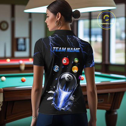 Woman Wearing Personalized Blue Lightning Strike 8 Ball Pool Billiard League Team Jersey Featuring the Complete Rear Graphic Design, Back View