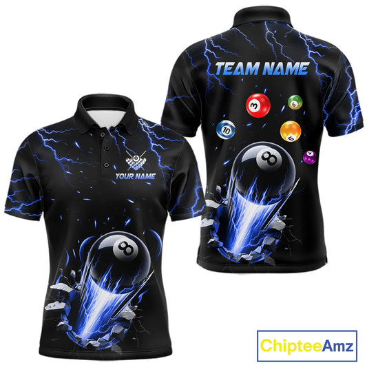 Personalized Blue Lightning Strike 8 Ball Pool Billiard Polo Shirt for Men Featuring Electric Blue Lightning Artwork for Pool League Players, Team Competition, and Tournament Events