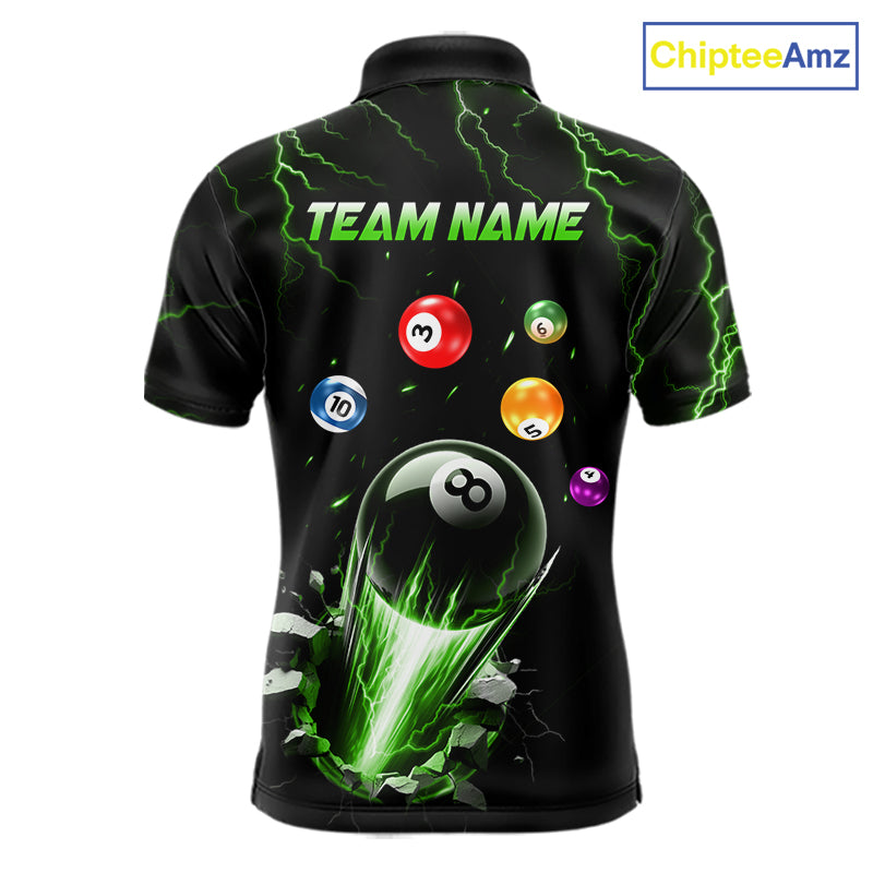 Green Lightning Strike 8 Ball Pool Polo Shirt for Men Designed for Personalized Billiard League Team Jerseys with Premium Athletic Performance and High Impact Graphics