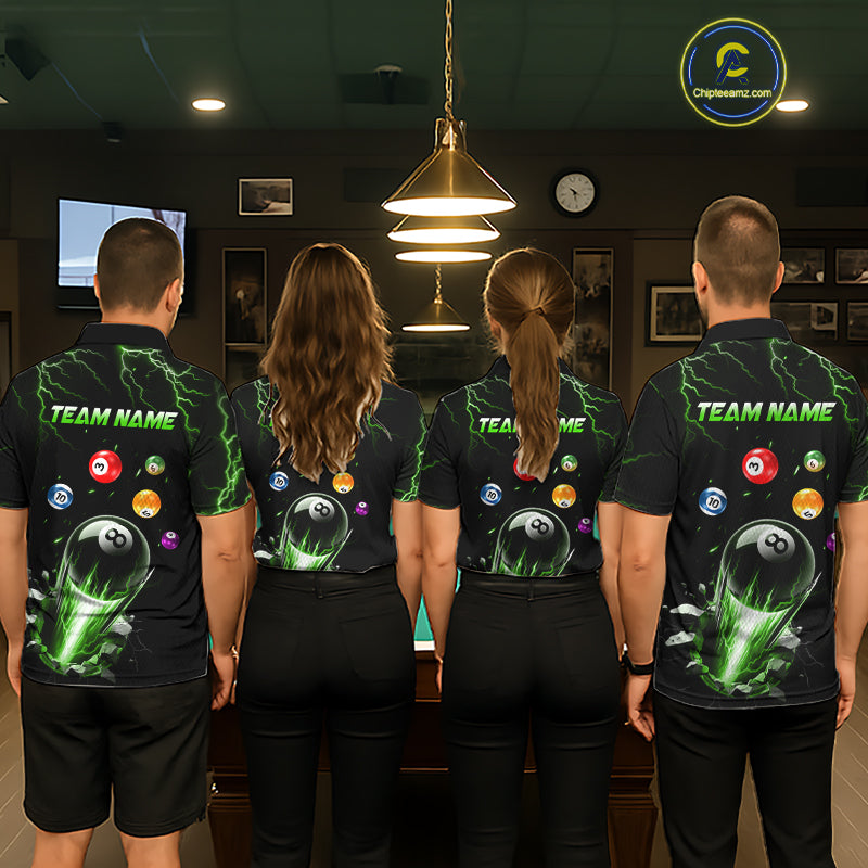Pool Team Wearing Custom Green Lightning Strike 8 Ball Custom Billiard Team Jerseys Featuring the Complete Back Artwork, Back View