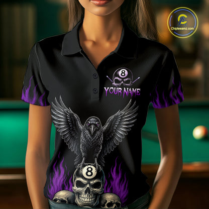 Woman Wearing Personalized Purple Raven 8 Ball Pool Skull Billiard Polo Shirt with Athletic Performance Fit and Halloween Graphic Artwork, Front View