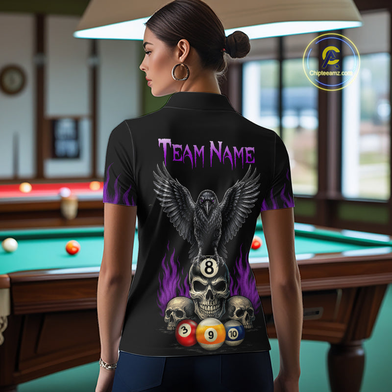 Woman Wearing Personalized Purple Raven 8 Ball Pool Skull Custom Pool Team Jersey Featuring the Complete Rear Graphic Design, Back View