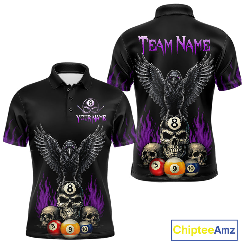 Custom Purple Raven 8 Ball Pool Skull Polo Shirt for Men Designed for Personalized Billiard Team Jerseys with Premium Athletic Performance and Striking Halloween Graphics
