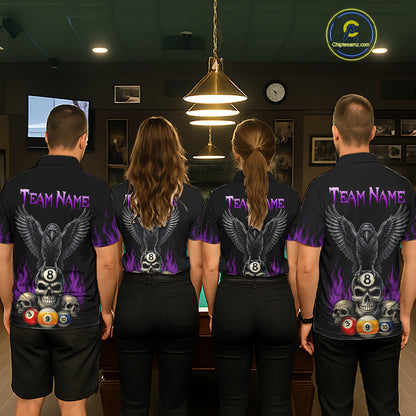 Pool Team Wearing Personalized Purple Raven 8 Ball Pool Skull Custom Billiard Team Jerseys Featuring the Complete Back Artwork, Back View