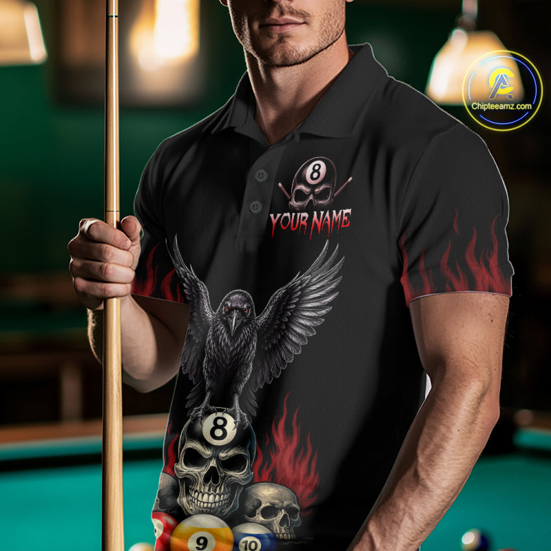 Man Wearing Personalized Raven 8 Ball Pool Skull Billiard Polo Shirt with Athletic Performance Fit and Dark Halloween Raven Graphic Artwork, Front View