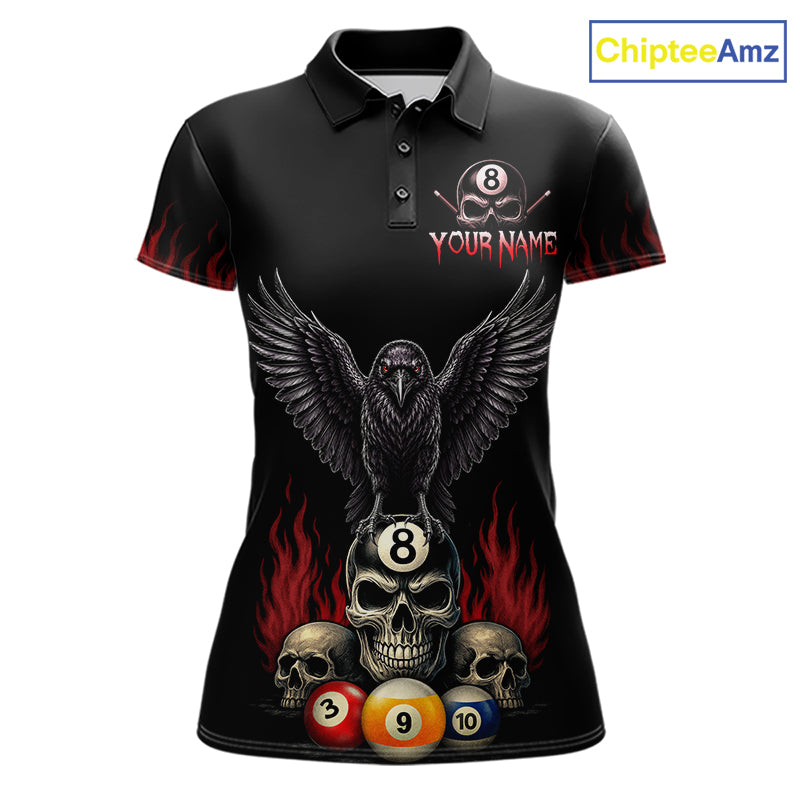 Personalized Raven 8 Ball Pool Skull Billiard Polo Shirt for Women Featuring a Dark Halloween Raven Design with Skull Artwork for Pool League Players, Team Competition, and Tournament Events