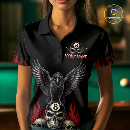Woman Wearing Personalized Raven 8 Ball Pool Skull Billiard Polo Shirt with Athletic Performance Fit and Dark Halloween Raven Graphic Artwork, Front View