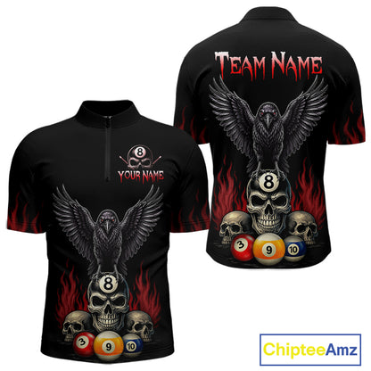 Personalized Raven 8 Ball Pool Skull Quarter Zip Billiard Shirt for Men Created for Competitive Pool League Teams with Performance Fabric and Tournament Ready Team Design
