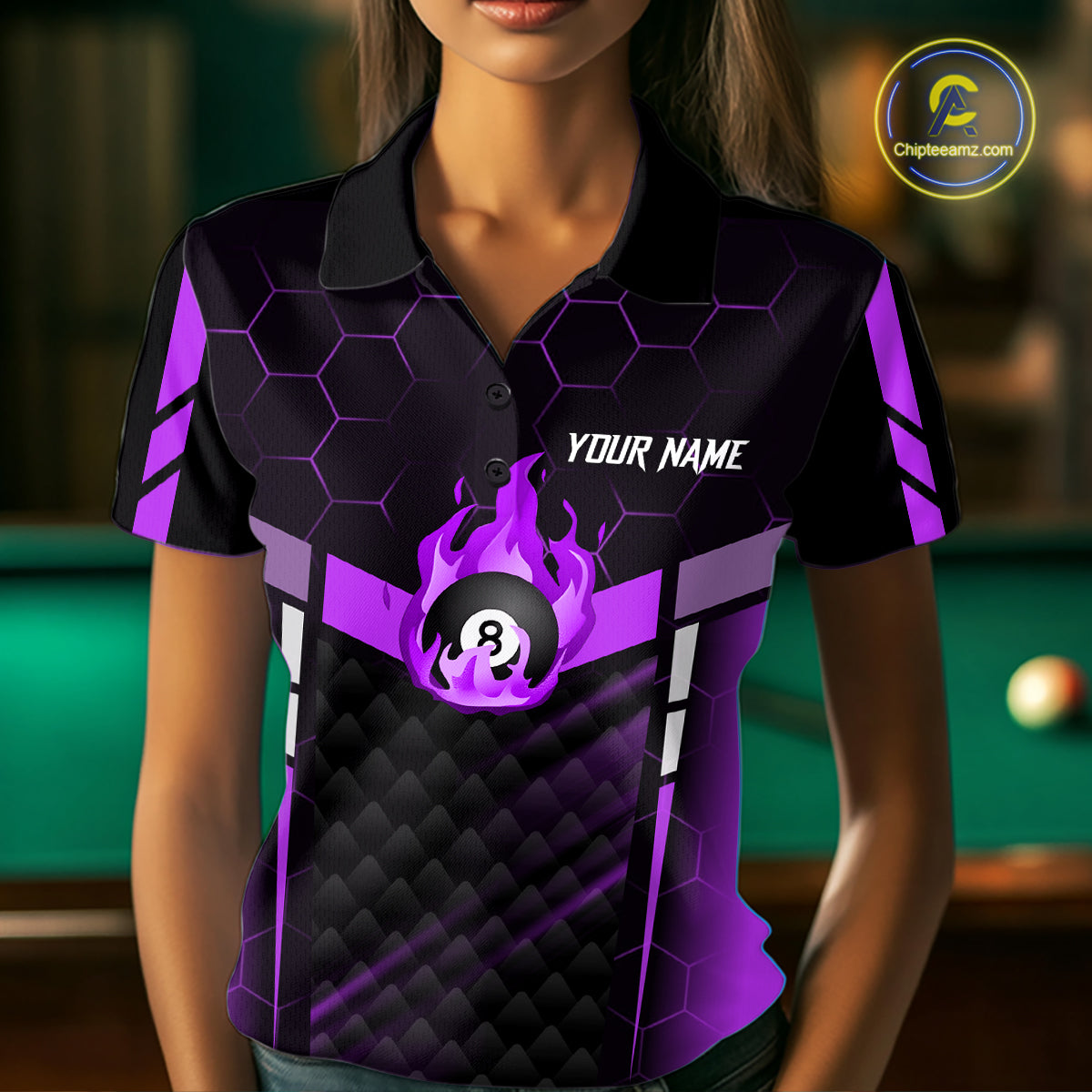 Personalized Purple 8 Ball Flame Billiard Shirt For Women Custom Billiard Team Jersey Polo & 1/4 Zip TDM5585