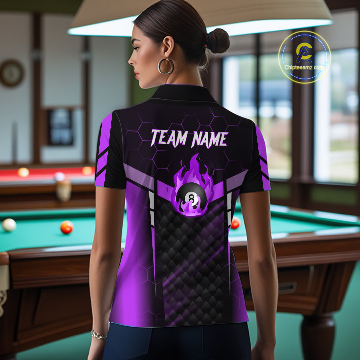 Personalized Purple 8 Ball Flame Billiard Shirt For Women Custom Billiard Team Jersey Polo & 1/4 Zip TDM5585