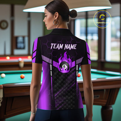 Personalized Purple 8 Ball Flame Billiard Shirt For Women Custom Billiard Team Jersey Polo & 1/4 Zip TDM5585