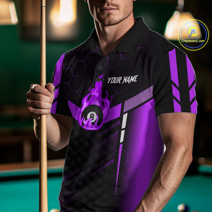 Personalized Purple 8 Ball Flame Billiard Shirt For Men Custom Billiard Team Jersey Polo & 1/4 Zip TDM5585