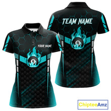 Load image into Gallery viewer, Personalized Turquoise 8 Ball Flame Billiard Shirt For Women, Billiard Team Jersey Polo &amp; 1/4 Zip TDM5586