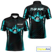 Load image into Gallery viewer, Personalized Turquoise 8 Ball Flame Billiard Shirt For Men, Billiard Team Jersey Polo &amp; 1/4 Zip TDM5586