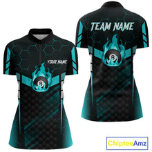 Load image into Gallery viewer, Personalized Turquoise 8 Ball Flame Billiard Shirt For Women, Billiard Team Jersey Polo &amp; 1/4 Zip TDM5586