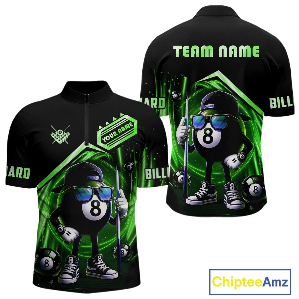 Green Funny 8 Ball Billiard Shirt For Men Custom Pool Team Shirt, Billiard Jersey Polo & 1/4 Zip TDM5833