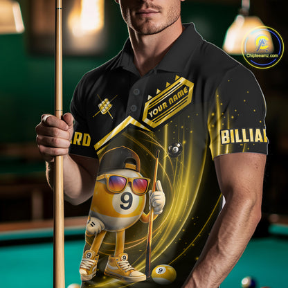 Yellow Funny 9 Ball Billiard Shirt For Men Custom Pool Team Shirt, Billiard Jersey Polo & 1/4 Zip TDM5835