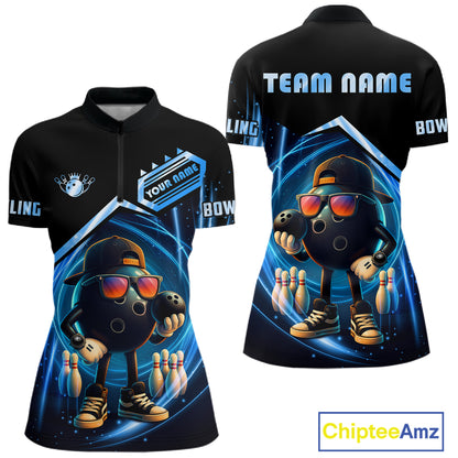 Blue Funny Bowling Ball Shirt For Women Custom Bowling Jersey, Bowling Team Shirt Polo & Quarter Zip TDM5836