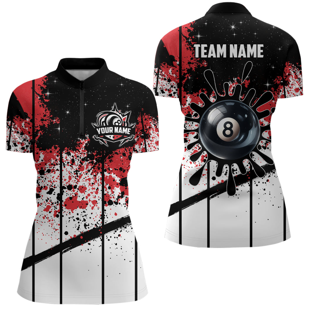 Custom Billiard 8 Ball Grunge Women Quarter-Zip Shirts, 8 Ball Pool Billiard Attire Jerseys TDM1158