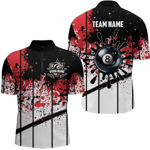 Custom Billiard 8 Ball Grunge Men Quarter-Zip Shirts, 8 Ball Pool Billiard Attire Jerseys TDM1158
