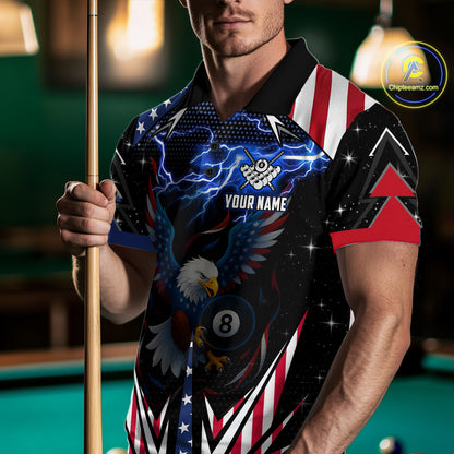 American Flag Eagle 8 Ball Pool Lightning Billiard Shirt For Men Custom Patriotic Billiard Jersey TDM4704