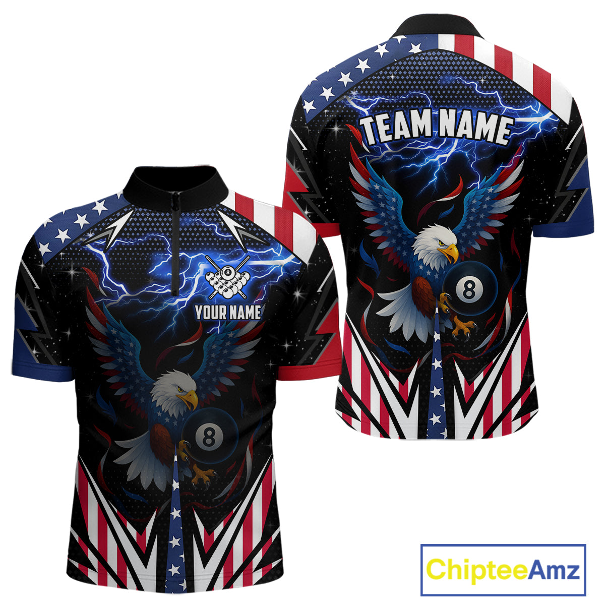 American Flag Eagle 8 Ball Pool Lightning Billiard Shirt For Men Custom Patriotic Billiard Jersey TDM4704