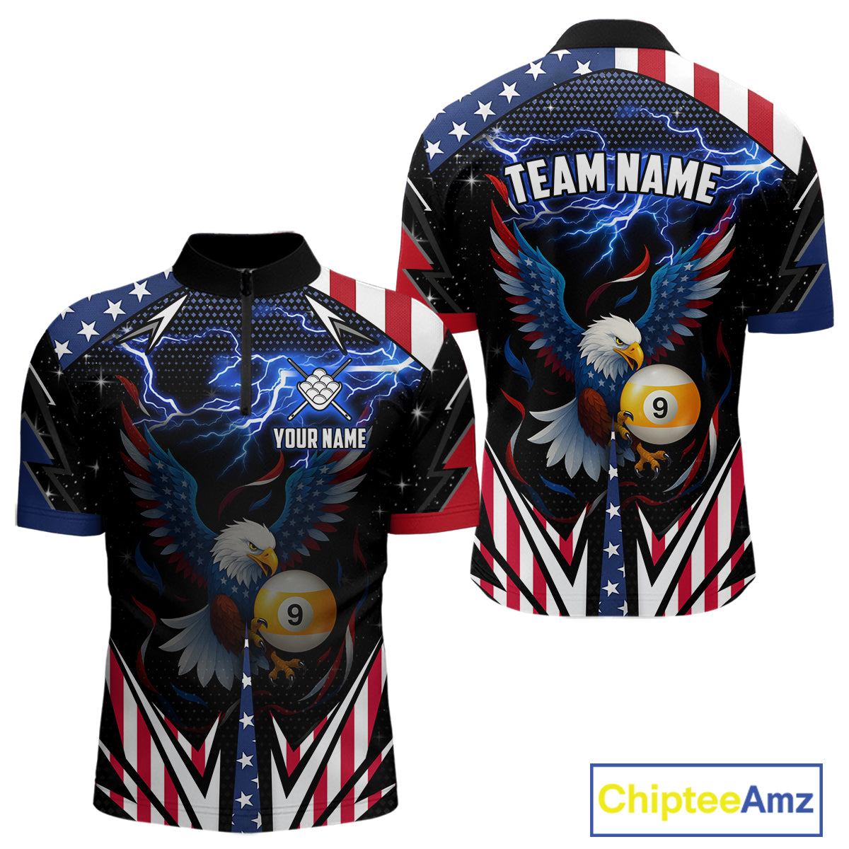 American Flag Eagle 9 Ball Pool Lightning Billiard Shirt For Men Custom Patriotic Billiard Jersey TDM4705