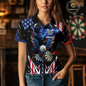 Custom American Flag Eagle Lightning Darts Shirt For Women, Patriotic Darts Jersey Polo & 1/4 Zip TDM4706