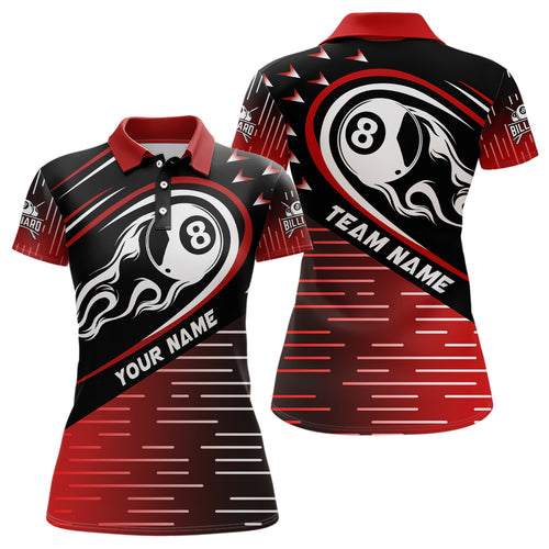 Personalized Red Black Flaming 8 Ball Polo Shirts For Women Best Custom Billiard Team Shirts TDM0455