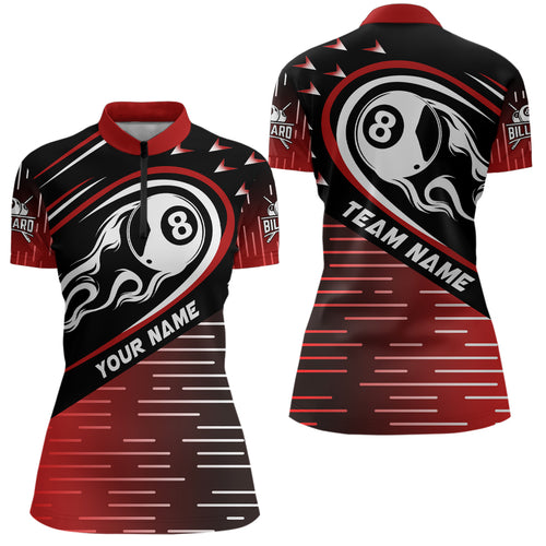 Personalized Red Black Flaming 8 Ball Women Quarter-Zip Shirts Custom Billiard Team Shirts TDM0455