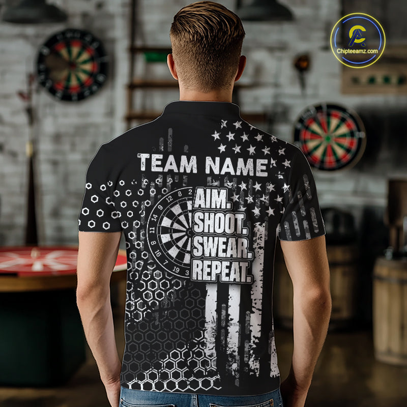 White Black US Flag Aim Shoot Swear Repeat Darts Shirts For Men Custom Grunge Darts Team Jersey TDM8037