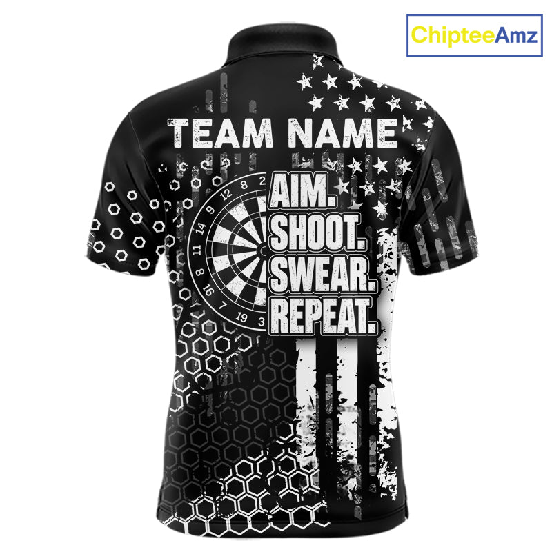 White Black US Flag Aim Shoot Swear Repeat Darts Shirts For Men Custom Grunge Darts Team Jersey TDM8037