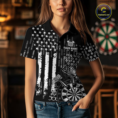 White Black US Flag Aim Shoot Swear Repeat Darts Shirts For Women Custom Grunge Darts Team Jersey TDM8037