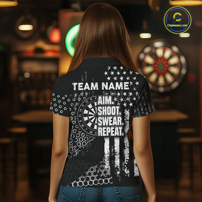 White Black US Flag Aim Shoot Swear Repeat Darts Shirts For Women Custom Grunge Darts Team Jersey TDM8037